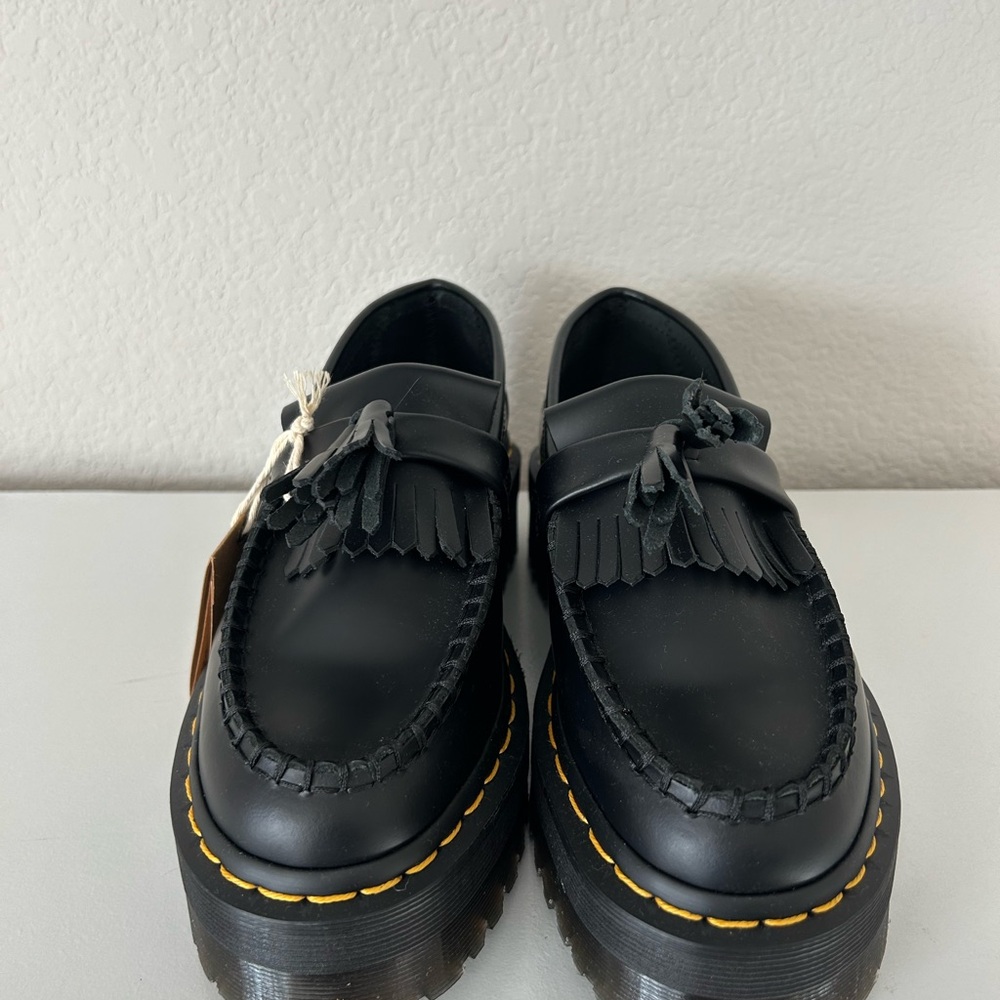 Dr. Martens Black Leather Flats with Yellow Stitching